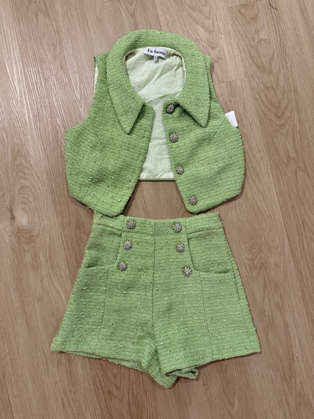 En Saison Lime Tweed Crop Vest and High-Waist Shorts Set